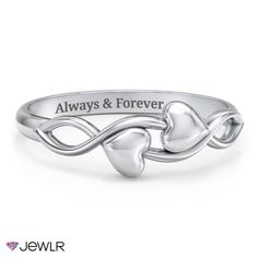 Celebrate the magic of being in love with this elegant handcrafted ring. This ring features two engravable hearts woven into an infinity-styled band. Personalize each of the hearts with an initial and design in sterling silver, white, yellow, or rose gold to create a beautiful promise ring, mother's ring, or a special gift for any occasion. Elegant Adjustable Engraved Ring For Mother's Day, Personalized White Stackable Rings For Anniversary, Silver Infinity Stackable Rings For Promise, Elegant Engraved Ring For Mother's Day, White Gold Infinity Jewelry For Anniversary, Adjustable Infinity Stackable Rings For Anniversary, Elegant White Personalized Engraved Ring, Sterling Silver Ring For Mother's Day Anniversary Gift, Elegant Engraved Promise Ring For Valentine's Day