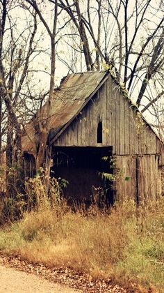 an old wooden barn sitting in the woods