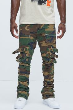 Available In Camouflage. Stacked Skinny Flare Fit 5 Pocket Detail 98% Cotton 2% Spandex Disclaimer: Due To The Specialized Distressing & Printing Process, Each Garment Is Unique. Buckle Detail Cargo Zipper Pockets Zip Fly Pleated Detail Button Closure Imported | Mens Pleat Me Down Stacked Skinny Flare Pants in Camouflage size 30 by Fashion Nova Military Style Fitted Bottoms For Streetwear, Fitted Military Style Bottoms For Streetwear, Fitted Combat Bottoms With Cargo Pockets, Stretch Camouflage Bottoms With Pockets, Fitted Military Style Pants For Streetwear, Stretch Military Camouflage Bottoms, Fitted Khaki Cargo Pants For Streetwear, Fitted Khaki Pants For Streetwear, Fitted Camouflage Bottoms With Cargo Pockets