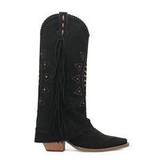 Take a walk on the wild side in the Spirit Trail boot. This 14-inch stylish fold-over boot is artfully designed, featuring fringe along the sides, detailed studs, and distinctive stitching. Crafted with soft-to-the-touch suede leather and cushioned comfort insole. With a pointed toe and a 2 1/2-inch heel, this boot provides an elevated and stylish look for those seeking a touch of adventure in their footwear.Features: CushionedClosure Type: Pull OnShaft Circumference: 14 InchesBoot Shaft Height… Fall Fringe Boots With Snip Toe, Bohemian Suede Boots With Tassels, Festival Leather Fringe Boots, Western Boots With Tassels And Round Toe, Bohemian Suede Boots With Fringe, Bohemian Leather Boots With Fringe, Leather Fringe Boots For Fall, Bohemian Suede Fringe Boots, Bohemian Style Fringe Suede Boots