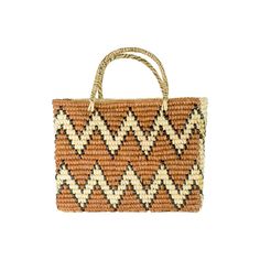 a brown and white woven bag on a white background