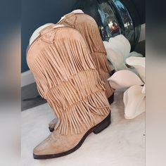 Smells Of Fresh Leather!! 100% Leather. Tan With Fringe. New In Box Fringe Cowboy Boots, Dingo Boots, Boho Boots, Cowgirl Boot, Leather Western Boots, Harness Boots, Western Boots Women, Suede Leather Boots, Wood Heel