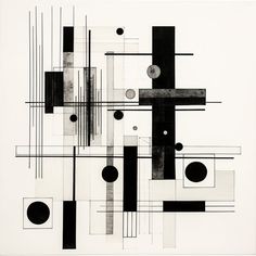 an abstract black and white painting with circles, squares, and rectangles on it