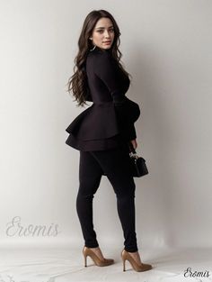 Eromis – Sophisticated Long Sleeve Ruffled Hem Tunic Pantsuits with Solid Deep V Neck, Exuding Elegance and Style, Perfect for Modern Womens Fashion Fitted Fall Wedding Pantsuit, Fall Wedding Fitted Pantsuit, Elegant Stretch Sets For Evening, Fitted Long Sleeve Sets With Ruffles, Fitted Sets With Ruffles And Long Sleeves, Elegant Evening Sets With Stretch, Elegant Workwear Jumpsuits And Rompers With Ruffles, Chic Peplum Evening Set, Elegant Fitted Jumpsuits And Rompers With Ruffles