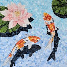 two koi fish swimming next to each other on a mosaic tile wall with water lilies