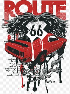 a red car with the word route 66 on it's side and an image of a