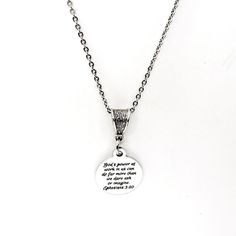 "This is a stainless steel laser engraved pendant on a stainless steel link chain with a silvertone bale. The pendant says \"God's power at work in us can do far more than we dare ask or imagine\" from Ephesians 3:20. This pendant is available on your choice of 16, 18, 20, 22, 24, 26, 28 or 30 inch stainless steel link chain. The pendant is also available for individual purchase if you have another chain on which you would like to wear it. The pendant measures approx. 3/4 inch across. Each neckl Ephesians 3 20, Scripture Jewelry, Scripture Gift, Work Necklaces, Engraved Pendant, Christian Gifts, Do More, Link Chain, Laser Engraved