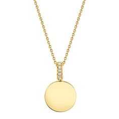 Add a glistening touch to you jewelry collection with this necklace from Shy Creation. Comprised of 14k yellow gold, this lovely necklace features a circle disc pendant with twinkling round diamond accents on the bail. The pendant measures 0.60 inches in length and 0.35 inches in width and is set in the center of a delicate chain that can be worn at 15, 16, 17, or 18 inches in length. Diamond Coin Pendant Necklace, Elegant Diamond Necklace With Coin Pendant, Elegant Yellow Gold Round Disc Necklaces, Elegant Gold Diamond Necklace With Coin Pendant, Gold Circular Diamond Necklace, Yellow Gold Diamond Necklace With Coin Pendant, Yellow Gold Circular Necklaces With Diamond Accents, Gold Diamond Circular Necklace, Yellow Gold Diamond Necklace With Round Disc