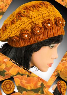 a woman wearing a yellow knitted hat with buttons on it's brim