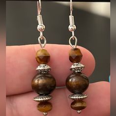 Artisan Handmade With Love, Dangling Gorgeous Beaded Earrings. One Of A Kind. Tigers Eye, Wood, & Silver Beads. Hypoallergenic Brown Spiritual Jewelry, Brown Hypoallergenic Spiritual Jewelry, Spiritual Brown Hypoallergenic Jewelry, Silver Beaded Round Earrings For A Gift, Sterling Silver Beaded Earrings With Silver Beads, Spiritual Beaded Earrings For Gift, Silver Beaded Round Earrings Gift, Silver Beaded Earrings As Gift, Silver Beaded Earrings For Gift