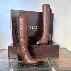 High boot for woman in genuine bovine leather. Tube with original engravings, decorated with a leather straps with metallic appliqués around the ankle. Wear them with dresses and skirts to remain cool. MADE IN MEXICO Brand: Cuadra For: Women (view size chart) Details: - Style: CU402 - Sku: 3F37RS - Round toe - Interior zip-closure - Leather upper with textile - Cross stitching design throughout - Studs accent - Western fashion heel with silver-toned heel rand - Solid honey design - Imported - Le Elegant Cognac Leather Boots, Italian Leather Boots For Galas, Luxury Leather Heeled Boots With Leather Lining, Luxury Leather Boots With Snip Toe, Luxury Leather Boots With Reinforced Heel, Luxury Calf Leather Boots With Leather Lining, Elegant Brown Leather Boots, Luxury Leather Heeled Boots With Leather Sole, Elegant Cognac Boots With Leather Lining