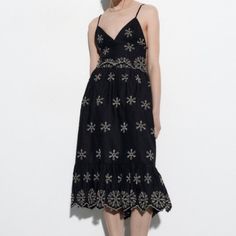 So Cute So Flattering Open Back Side Zipper Straps Are Adjustable 100% Cotton Ships Same Day Casual Floral Embroidered Midi Dress For Brunch, Casual Midi Dress With Floral Embroidery For Brunch, Black Midi Dress With Floral Embroidery For Spring, Black Embroidered Midi Dress For Spring, Floral Embroidery Midi Dress For Vacation, Zara Floral Embroidered Midi Dress For Vacation, Zara Floral Embroidery Midi Dress For Vacation, Elegant Embroidered Beach Midi Dress, Casual Sleeveless Embroidered Midi Dress