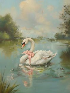 a painting of a swan with a pink bow in the water