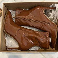 Nib Size 8.5 Spring Brown Heeled Boots With Padded Heel, Brown Boots With 4-inch Heel And Medium Width, Brown Square Toe Heels With Padded Heel, Spring Brown Heeled Boots With Sculpted Heel, Brown Pointed Toe Heels For Fall, Brown Ankle-high Heels With Padded Heel, Brown Wrapped Heel Pointed Toe Heels, Brown Closed Toe Heeled Boots For Office, Brown Pointed Toe Heels With Wrapped Heel