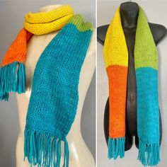 two pictures of the same scarf on a mannequin's head, one in bright colors