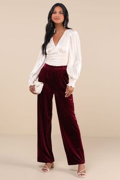 Introduce the Lulus Posh Idea Plum Velvet High-Rise Straight Leg Trouser Pants to your wardrobe this season to create a whole new range of ensembles! Plush velvet shapes these trend-setting pants that have a high-rise, banded waist, belt loops, and hidden clasp closure above a zipper fly. The straight, ankle-length pant legs boast tailored pleated detailing, diagonal front pockets, and decorative welt pockets at the back. Style with some strappy heels for a fun and sleek going out 'fit! Fit: This garment fits true to size. Length: Floor length. Size medium Inseam: 32.25 Front Rise: 12.50 Waist: Fitted - very fitted at natural waist. Hip: Loosely Fitted. Fabric: Fabric is very stretchy. Unlined. 95% Polyester, 5% Spandex. Hand Wash Cold. Do Not Bleach. Line Dry. Iron Low Heat. Imported. Lul Formal Velvet Wide Leg Bottoms, Elegant Velvet Trousers, Elegant High Waist Velvet Bottoms, Elegant Straight Velvet Pants, Elegant Wide Leg Velvet Bottoms, Elegant Velvet Bottoms For Workwear, Chic Velvet Formal Pants, Elegant High-waisted Velvet Pants, Chic Velvet Wide Leg Pants For Work