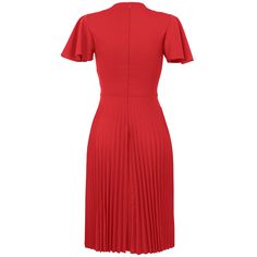 Red V Neck Short Sleeve Pleated Dress Fitted Solid Red Midi Dress, Red Solid Color Midi Dress For Date Night, Red Pleated Dress For Work, Chic Red Solid Color Midi Dress, Red Pleated Dress For Workwear, Fitted Red Pleated Midi Dress, Red Pleated Midi Dress For Date Night, Red Summer Office Dress, Red Solid Workwear Dress