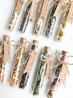 six bottles filled with different types of herbs and spices, tied together in twine