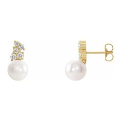 Simply Elegant! Each Near Round White Pearl Set In These 14k Yellow Gold Post Earrings Range In Size From 7.5 To 8mm In Diameter And Are Aa Quality (Clean; Good Shape; Good Luster). Each Pair Is Prong Set With Five Round Diamonds That Are I1 In Clarity And G-H In Color. The Total Diamond Weight For The Pair Is 3/8 Of A Carat. The Approximate Length Of These Earrings Is 10mm (3/8 Inch). Due To The Nature Of Pearls, Colors May Not Match What Is Shown (Range - White, Pinkish Or Creamy). Pearl Treat Bow Jewelry, Knot Earrings, Pearl Set, Jewelry Companies, Screw Back Earrings, Black Bow, Gold Plated Silver, White Pearl, Cultured Pearls