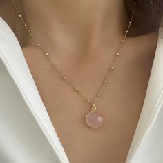 ✔️Raw Rose quartz in a Satellite chain✔️ You will love this bright pink color of nature. A romantic necklace to offer as a birthday gift. High-Quality 925 Sterling Silver * Finish 24K Gold  A unique Rose quartz crystal necklace. This Real rose quartz pendant  is great for wearing alone or layered with other stacking necklaces. It is the perfect birthday gift for your girlfriend, sister, bridesmaids, or even yourself! Handmade in Greece.   You can get it within 2-5 business with EXPRESS shipping. Pink Necklace With Adjustable Chain As A Gift, Rose Gold Necklace With Rose Quartz As A Gift, Rose Gold Pendant Crystal Necklace For Gift, Rose Gold Crystal Pendant Necklace Gift, Rose Quartz Necklace In Rose Gold For Gift, Rose Gold Rose Quartz Necklace Gift, Feminine Rose Gold Rose Quartz Necklaces, Pink Birthstone Round Pendant Necklace, Rose Quartz Necklace With Natural Stones As A Gift