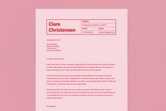 a red and white letterhead with the words clare christensen on it's side