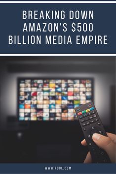 someone holding a remote control in front of a television with the words breaking down amazon's $ 500 billion media empire