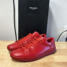 Saint Laurent Red Leather Shoes Size 40 / Us Size 7 Luxury Red Men's Boots, Luxury Men's Shoes With Red Sole For Semi-formal Events, Luxury Red Men's Shoes For Semi-formal Occasions, Luxury Red Men's Loafers, Luxury Men's Semi-formal Shoes With Red Sole, Red Leather Shoes, Saint Laurent Paris, Saint Laurent Shoes, Red Leather