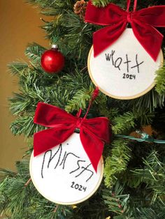 two christmas ornaments hanging from a tree with the names of each family and date on them