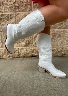 SHOES 6 / WHITE The Caroline Boot White Heeled Boots For Rodeo In Fall, White Heeled Boots For Fall Rodeo, Western White Boots With Stacked Heel, White Mid-calf Boots For Ranch In Fall, White Boots For Ranch In Fall, White Mid-calf Boots For Fall Rodeo, White Mid-calf Boots For Spring Outdoor Activities, White Mid-calf Boots For Spring Ranch Wear, White Mid-calf Boots For Spring