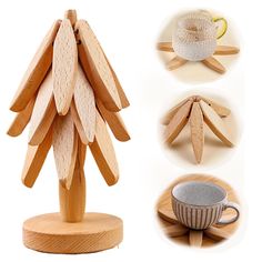 the wooden toy is shaped like a tree and has four different cups on each side