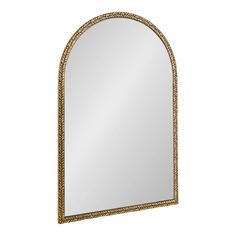 an arched mirror with gold trimmings on the edges and a white back ground