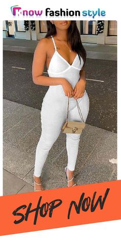 White Sexy Casual Solid Backless Spaghetti Strap Skinny Jumpsuits Jumpsuit Fitted, Sleeveless Suit, Jumpsuit Online, Plus Size Jumpsuit, White Fashion, Wholesale Fashion, White Jeans, Sleeve Styles