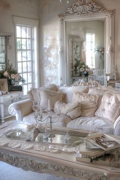 a living room filled with white furniture and lots of pillows on top of a table