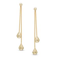 She'll adore the way these fashion drop earrings catch and reflect light with every turn. Crafted in rich 14K gold, each earring features a double strand that originates from a ball post setting and ends with a duo of shining teardrop-shaped dangles. Polished to a bright shine, these earrings secure comfortably with friction backs. Elegant Yellow Gold Drop Earrings, Gold Drop Linear Earrings Fine Jewelry, Gold Drop Linear Earrings For Evening, Gold Linear Drop Earrings For Evening, Formal Yellow Gold Dangle Earrings, Yellow Gold Drop Earrings, Gift Suggestions, Pocket Wallet, Mens Black Leather