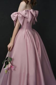 Formal A-line Dress With Satin Bow, Pink A-line Satin Dress For Evening, Party Dress With Satin Bow Ball Gown, Party Dress With Satin Bow, Ball Gown Shape, Satin A-line Dress With Bow, Formal Pink Satin Midi Dress, Prom Ball Gown With Satin Bow, Formal Feminine Dress With Satin Bow, Feminine Formal Dress With Satin Bow