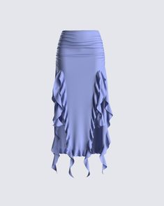 You're not just walking, you're making an entrance – and this blue ruffle maxi skirt is your secret weapon 😏 Blow them away with this look made from a stretchy jersey fabric, and complete with ruffle and ruching details, high leg slits, elastic waistband, and a pull-over style 💙 Ruched Draped Maxi Skirt For Party, Draped Ruched Maxi Skirt For Party, Party Asymmetrical Ruffled Maxi Skirt, Asymmetrical Ruffled Maxi Skirt For Party, Flowy Tiered Draped Skirt With Ruffles, Asymmetrical Ruffle Maxi Skirt For Party, Ruched Fitted Draped Maxi Skirt, Fitted Ruched Draped Maxi Skirt, Spring Ruched Maxi Skirt