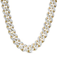 This 11.3mm-wide diamond-cut curb chain necklace fashioned in 14K two-toned gold measures 24.0 inches in length and secures with a box clasp. Gold Link Chain Necklace With Diamond Accents, Gold Chain Link Necklace With Diamond Accents, White Diamond-cut Linked Jewelry, Gold Chain Necklace With Diamond Accents, Elegant White Cuban Link Necklace, Diamond Cuban Link Necklace With Gold Chain, Diamond White Cuban Link Chain Necklace, White Diamond Cut Chain Link Jewelry, Yellow Gold Cuban Link Diamond Necklace