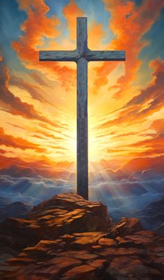 a painting of a cross on top of a hill with the sun setting behind it