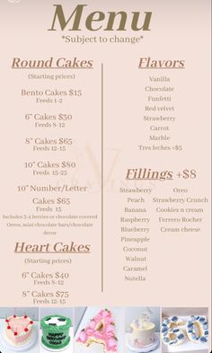 a menu with different types of cakes on it