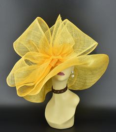 "✿*.Key Features: 100% high quality Sinamay woven material, wide brim with Jumbo bows. It's more beautiful in person! Light and comfortable! Great for Kentucky derby, weddings, Royal Ascot, horse races, cocktails, tea party, or any hat wearing occasion. Hat base size: From front to back appr: 20.5\" (52cm) From left to right appr: 21.25\" (54cm) Wide brim Appr: 7~8\" Head girth: 22.5\" (57cm) , adjustable string inside to make smaller to fit your head. If you want other colors in this style, jus Gold Wide Brim Straw Hat For Kentucky Derby, Gold Wide-brim Straw Hat For Kentucky Derby, Gold Brimmed Straw Hat For Kentucky Derby, Gold Curved Brim Costume Hat For Summer, Gold Wide Brim Straw Hat, Gold Brimmed Sun Hat For Kentucky Derby, Gold Curved Brim Hat For Kentucky Derby, Adjustable Gold Straw Hat For Kentucky Derby, Gold Short Brim Hat For Kentucky Derby