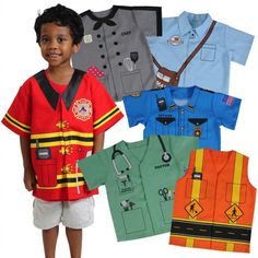 a young boy standing in front of five different shirts and vests on white background