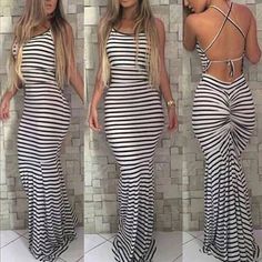 White Women Strappy Striped Bodycon Long Maxi Dress Summer Boho Sleveless Backless Evening Party Beach Dresses Sundress Stretch Backless Maxi Dress For Beach, Beach Season Party Backless Maxi Dress, Stretch Sleeveless Backless Dress For Beach, Spring Backless Bodycon Beach Dress, Fitted Backless Maxi Dress For Beach Season, Beachwear Style Backless Maxi Dress For Party, Beachwear Style Maxi-length Backless Dress For Party, Fitted Backless Sundress For Summer Parties, Maxi Length Backless Dress For Beach Party