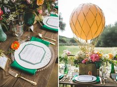 a table set up with plates and place settings for an outdoor wedding or bridal party