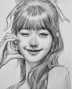 a pencil drawing of a girl smiling and talking on the phone with her hand to her ear