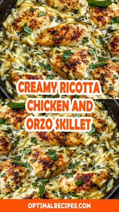 creamy ricotta chicken and orzo skillet in a cast iron skillet with text overlay