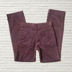 "Vintage 70's Wrangler Purple Corduroy Pants  dark plum / mauve purple mid rise straight leg pant  flaw: discoloration across front leg as pictured  approx size xs, pls check measurements carefully!! small hips Flat Lay Measurements: Waist: 13\" Rise: 9.5\" in front, 10.5\" in back  hips: 16.5\" Top of thigh: 9.5\" Inseam: 29\"" Mid-rise Purple Cotton Pants, Burgundy Straight Leg Cotton Jeans, Burgundy Cotton Straight Leg Jeans, Vintage Purple Cotton Bottoms, Purple Vintage Cotton Bottoms, Vintage Straight Bottoms For Fall, Vintage 70s Clothes, Mauve Pants, Purple Corduroy Pants