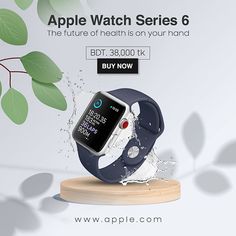 an apple watch series 6 is displayed on a wooden stand with leaves in the background