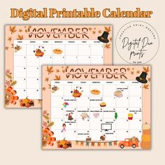 the digital printable calendar for november and october is shown with an image of pumpkins,