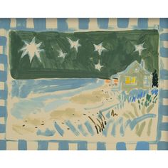 a drawing of a house with stars on the roof and in the background is snow