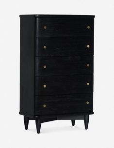 a black dresser with gold knobs on the top and bottom drawers, against a white background